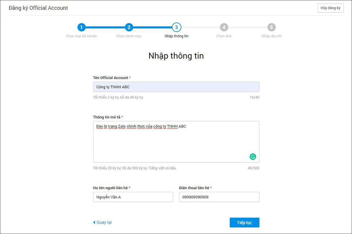 Nhập các thông tin liên hệ cần thiết