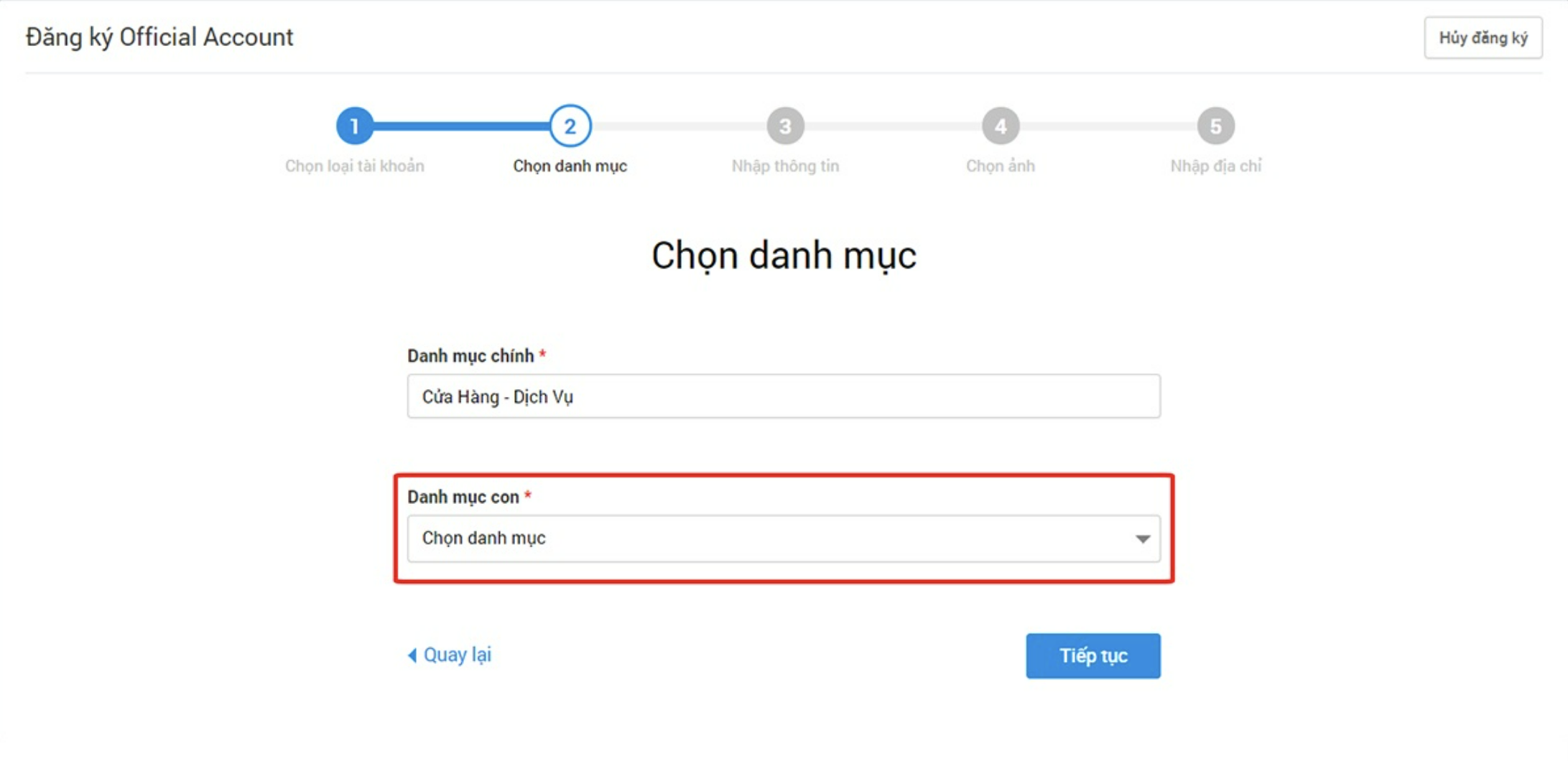 Chọn danh mục kinh doanh của doanh nghiệp